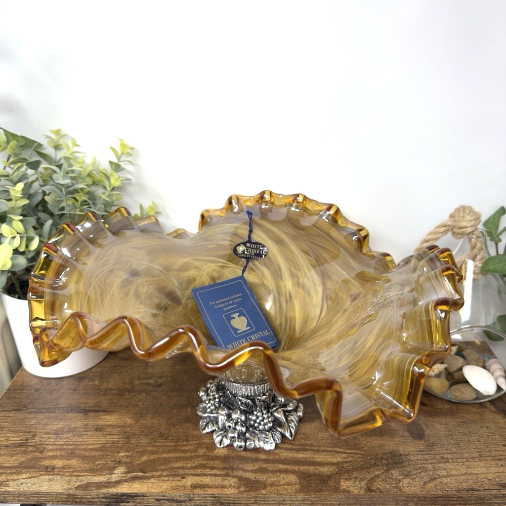 Murano Italy White Cristal Glass Bowl Tortoise Shell Table Centerpiece